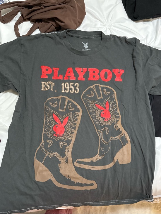 PLAYBOY Tops - PLAYBOY Black Graphic Tee with Red Accent
